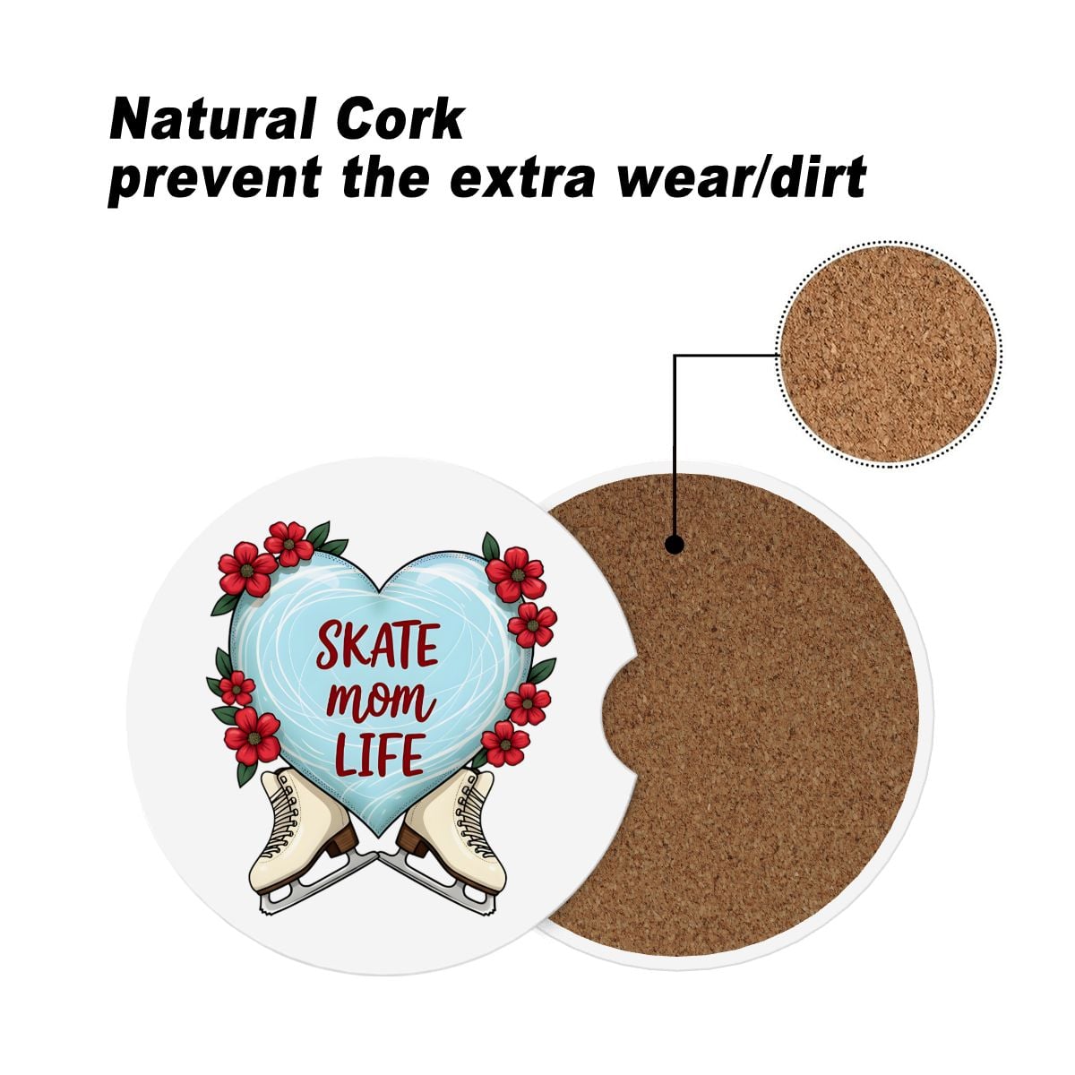 Heart-shaped coaster with 'Skate Mom Life' text, surrounded by flowers, with natural cork material highlighted.