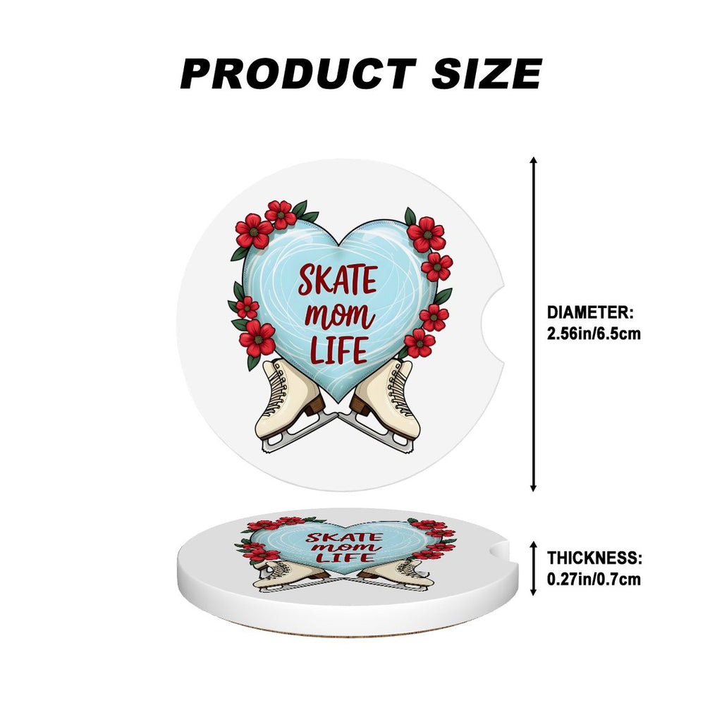 Product size measurement of a decorative coaster with heart design and ice skates.
