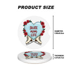 Product size measurement of a decorative coaster with heart design and ice skates.