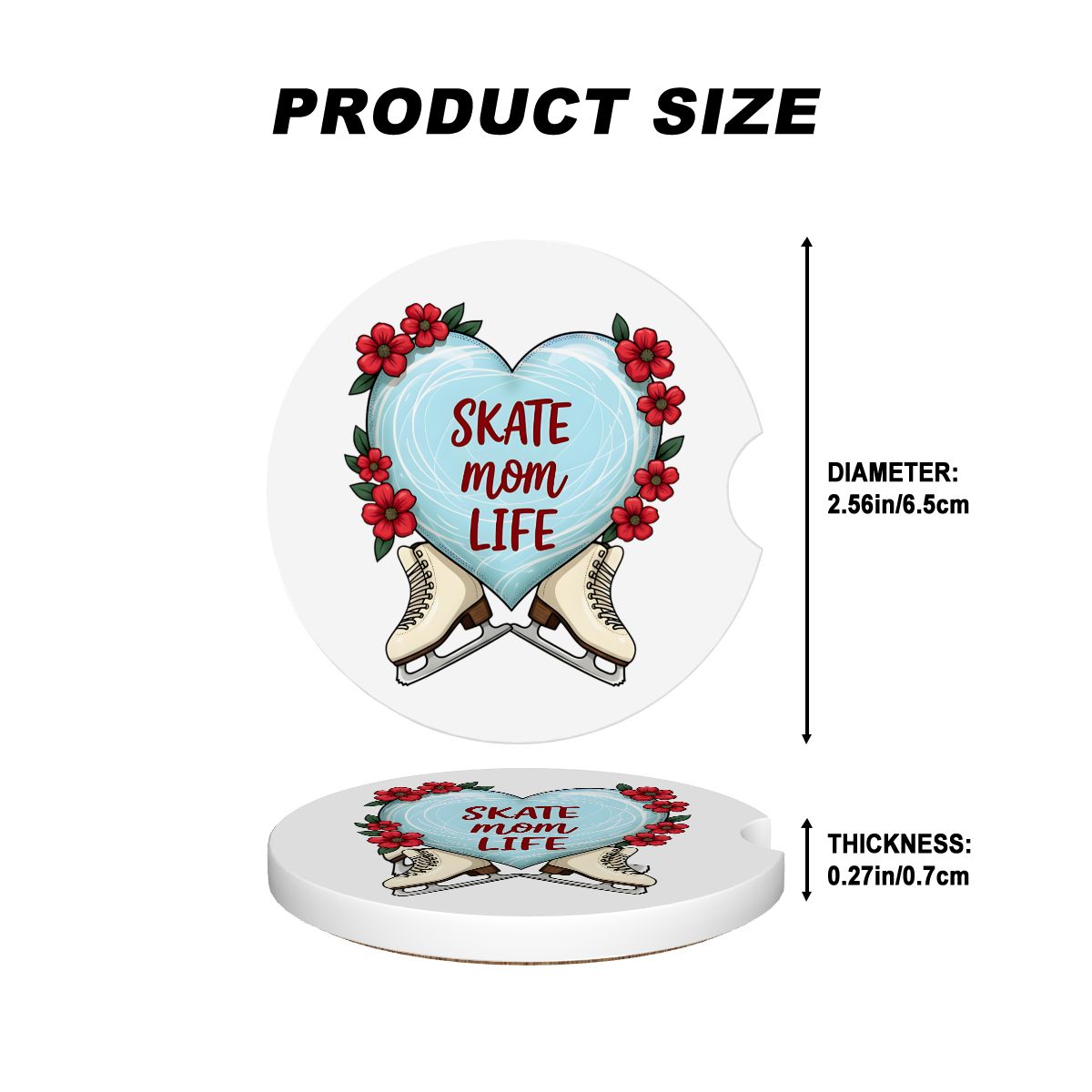 Product size measurement of a decorative coaster with heart design and ice skates.