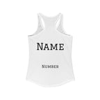 White tank top with 'NAME' and 'NUMBER' text on a white background