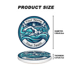 Product size chart for set of car coasters with a swimmer design and customizable text on a white background