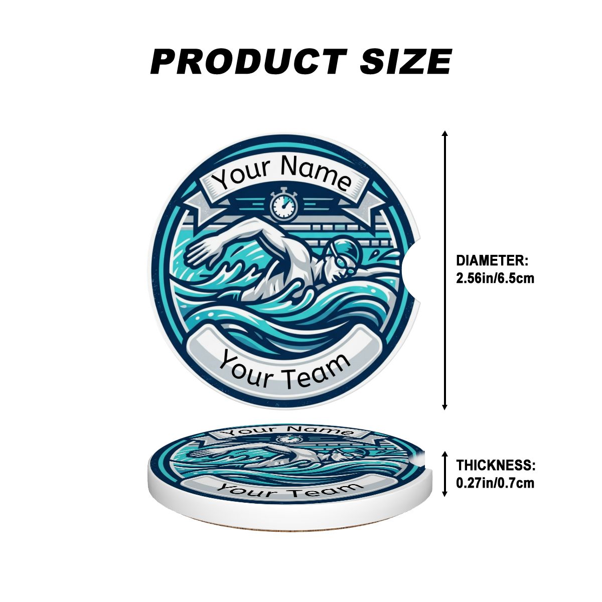 Product size chart for set of car coasters with a swimmer design and customizable text on a white background