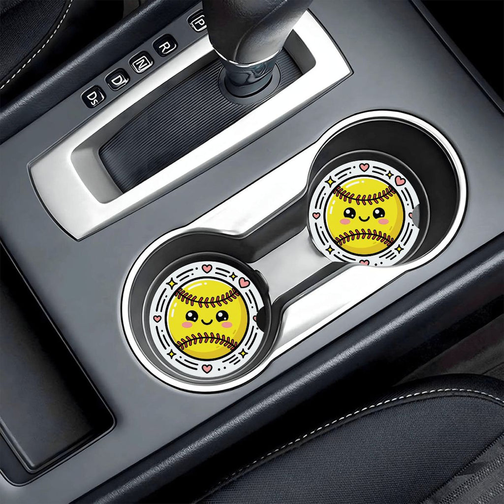 Cute Softball Car Coasters – Kawaii Smiling Softball Cup Holder Inserts (2-Pack) - Magnolia Wild SC