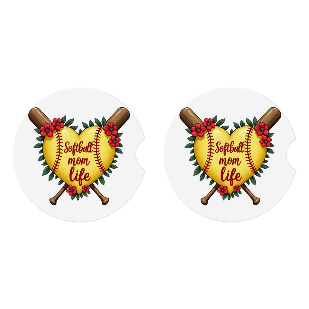 Softball Mom Car Coasters – 2 Pack Ceramic Absorbent Cup Holder Inserts with Cork Base - Magnolia Wild SC