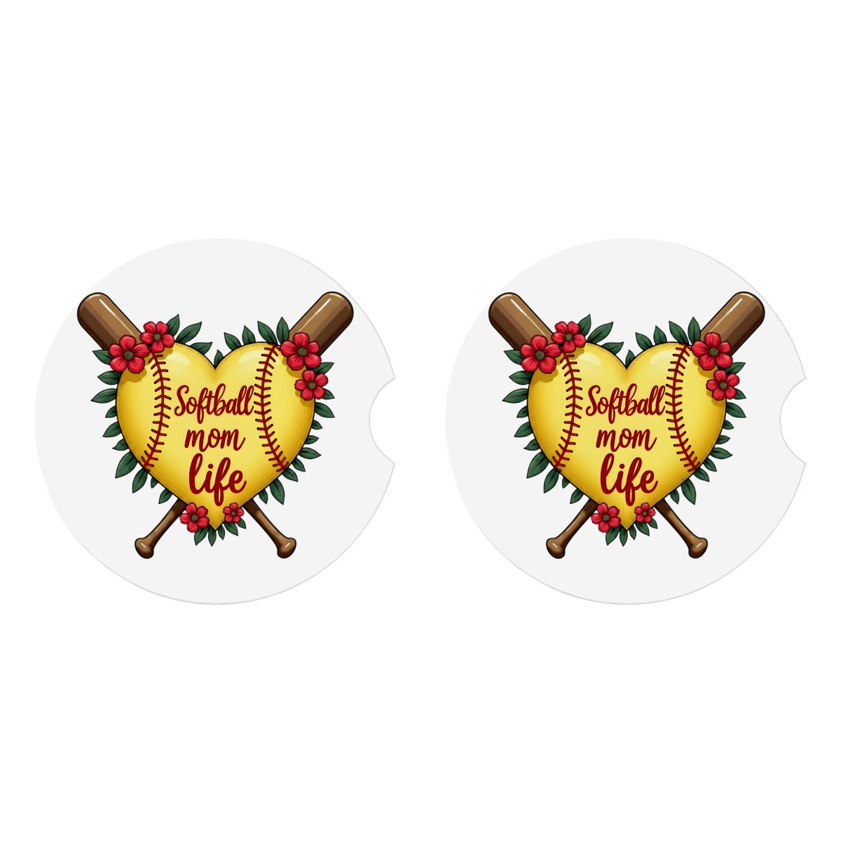 Softball Mom Car Coasters – 2 Pack Ceramic Absorbent Cup Holder Inserts with Cork Base - Magnolia Wild SC