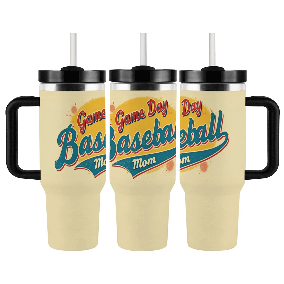 Three beige tumblers with 'Game Day Baseball Mom' text and black handles on a white background