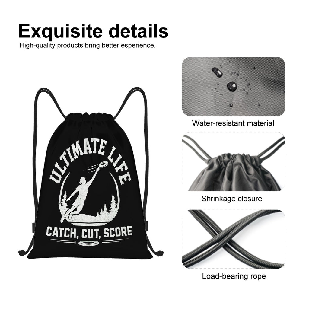 Black drawstring bag with graphic design and text, featuring water-resistant material and shrinkage closure details.