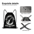Black drawstring bag with graphic design and text, featuring water-resistant material and shrinkage closure details.