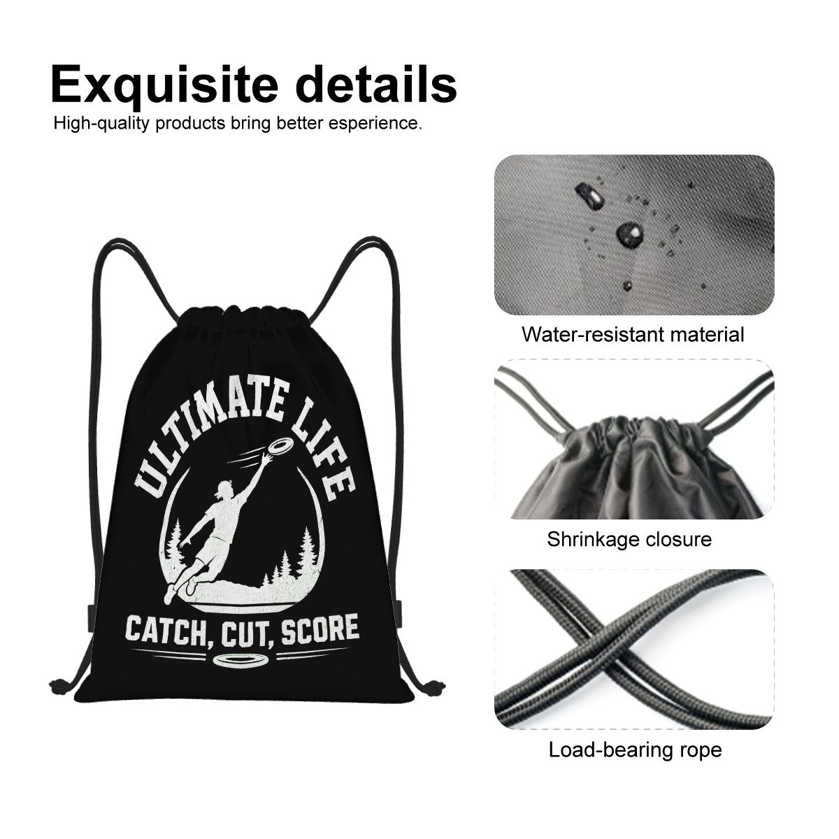 Black drawstring bag with graphic design and text, featuring water-resistant material and shrinkage closure details.