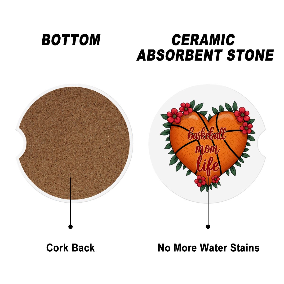 Basketball Mom Car Coasters – 2 Pack Ceramic Absorbent Cup Holder Inserts with Cork Base - Magnolia Wild SC