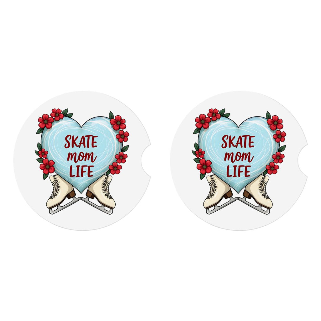Two heart-shaped coasters with 'Skate Mom Life' text and ice skates, on a white background.