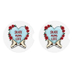 Two heart-shaped coasters with 'Skate Mom Life' text and ice skates, on a white background.