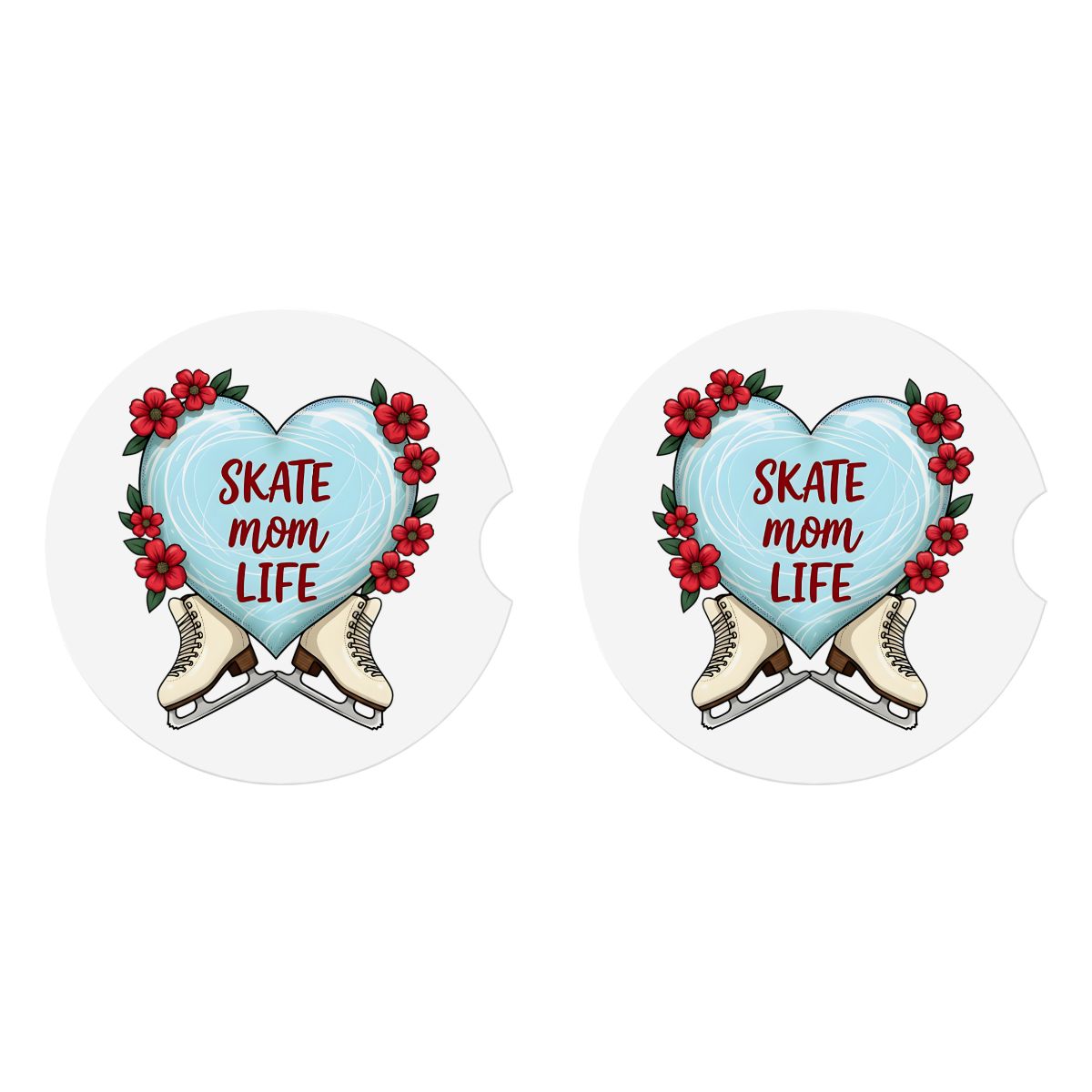 Two heart-shaped coasters with 'Skate Mom Life' text and ice skates, on a white background.