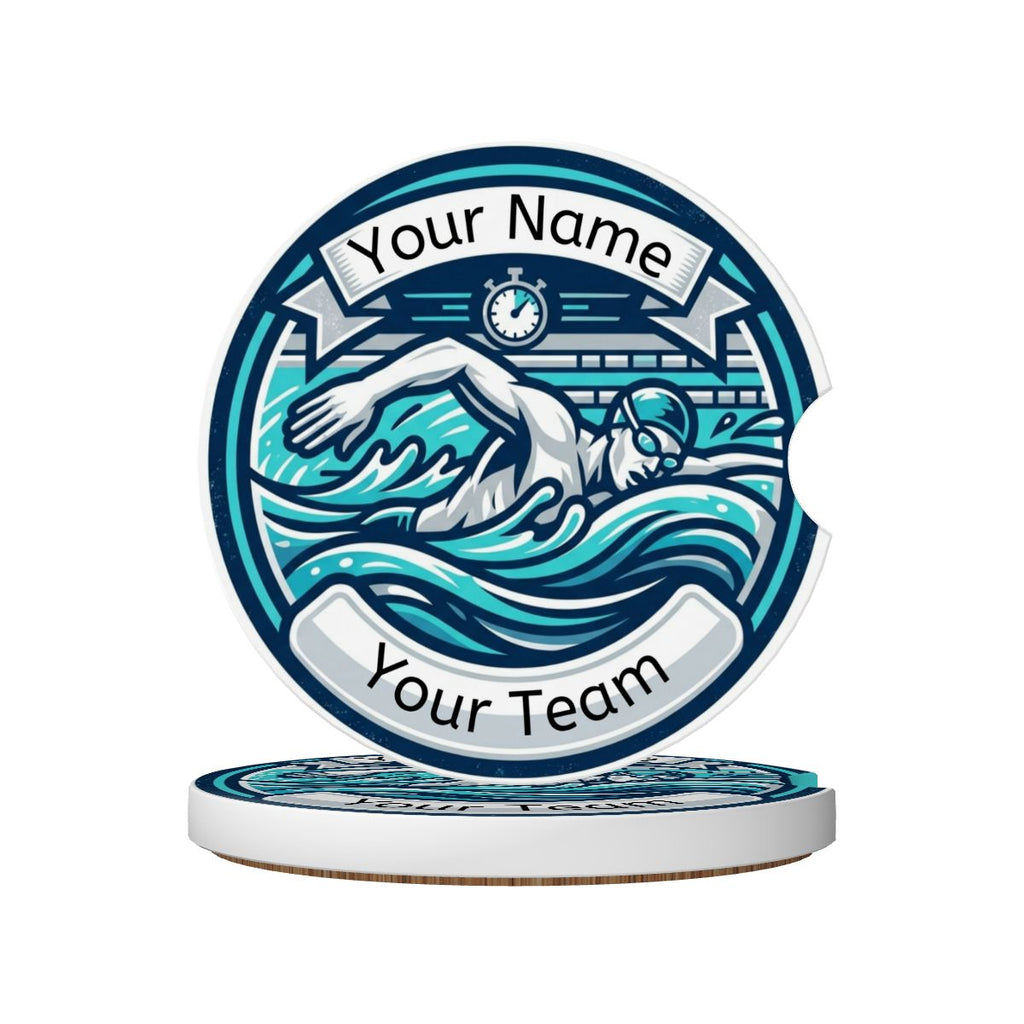 Decorative swimmer design with customizable text on a white background