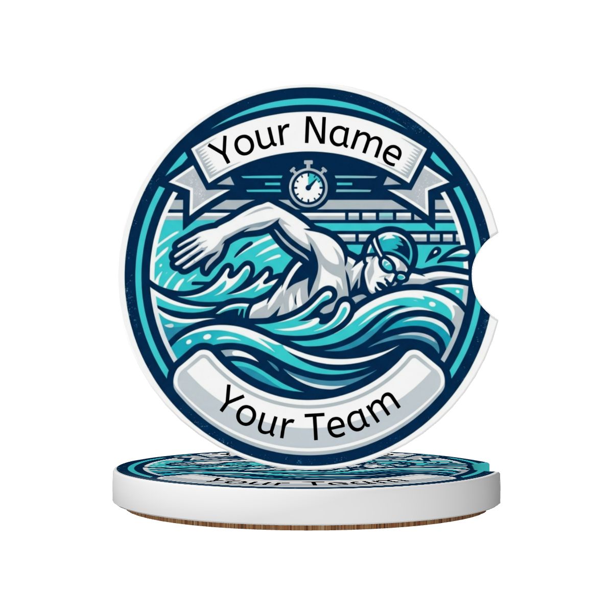 Decorative swimmer design with customizable text on a white background