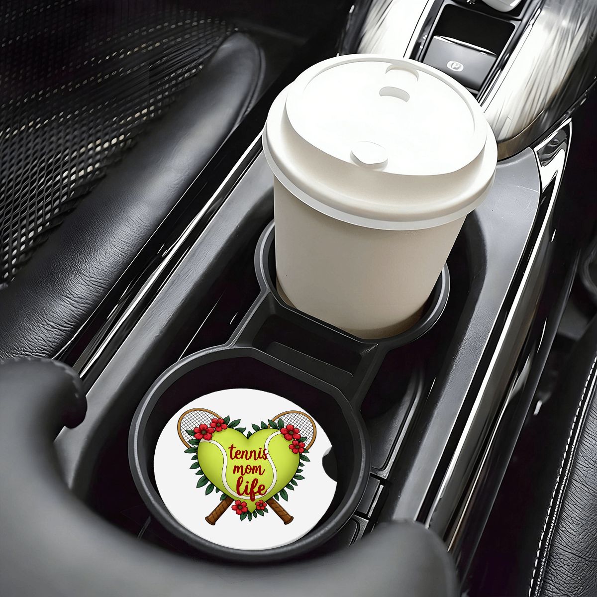 Tennis Mom Car Coasters – 2 Pack Ceramic Absorbent Cup Holder Inserts with Cork Base - Magnolia Wild SC