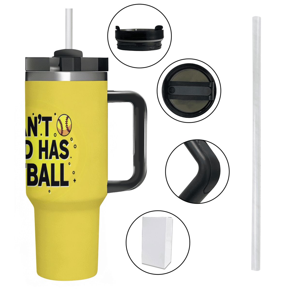 Yellow travel mug with black handle and text, surrounded by close-up insets on a white background