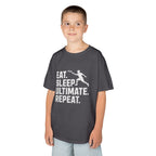 Child wearing a dark gray t-shirt with 'Eat. Sleep. Ultimate. Repeat.' text and graphic on a white background