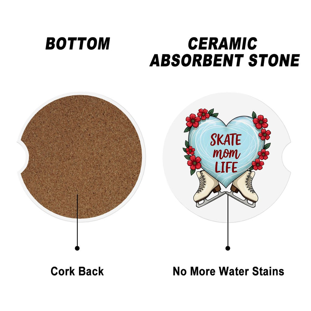 Car coaster with cork back and ceramic absorbent stone, featuring 'Skate Mom Life' design.