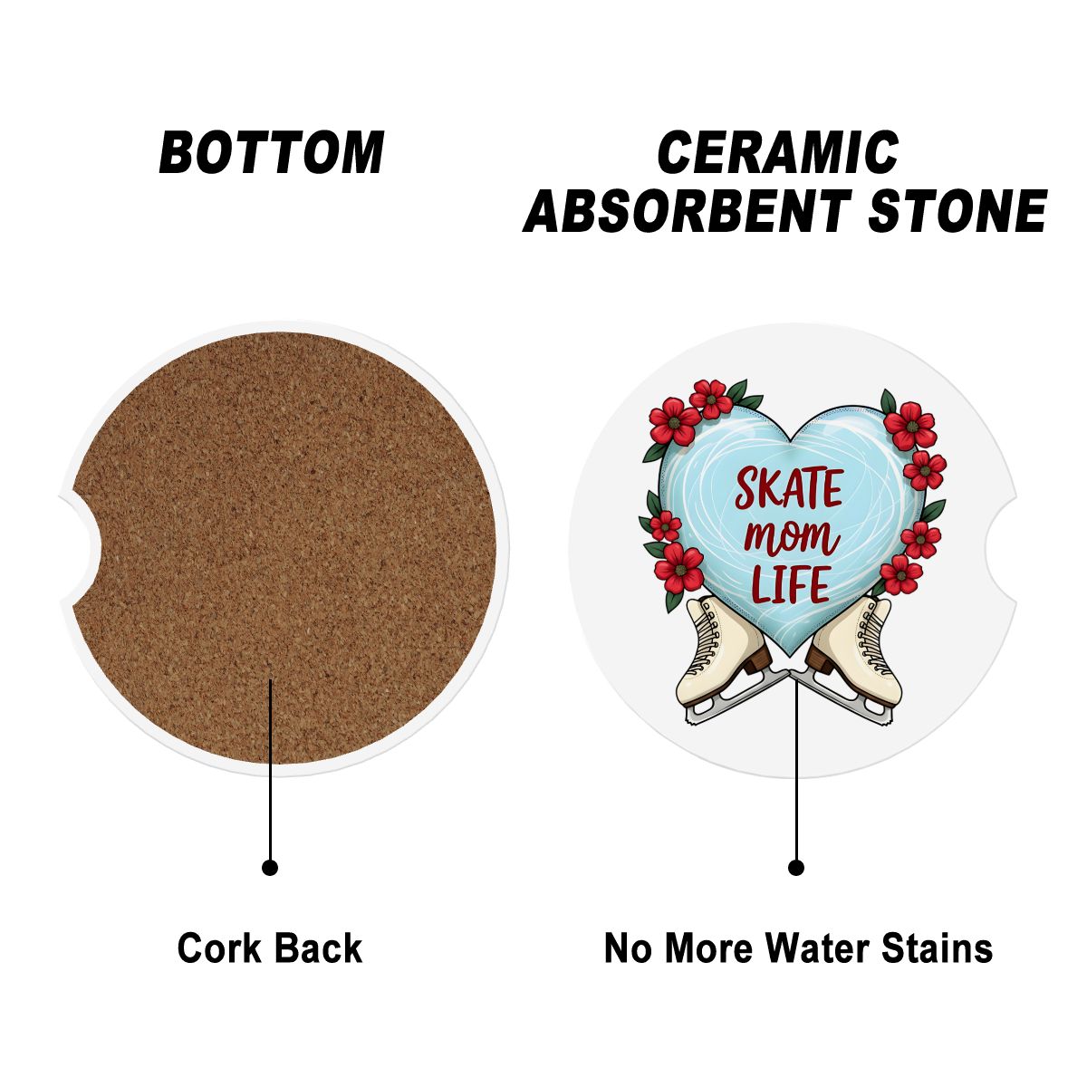 Car coaster with cork back and ceramic absorbent stone, featuring 'Skate Mom Life' design.