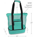Teal mesh beach bag with black zippers and measurements on a white background