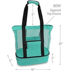 Teal mesh beach bag with black zippers and measurements on a white background