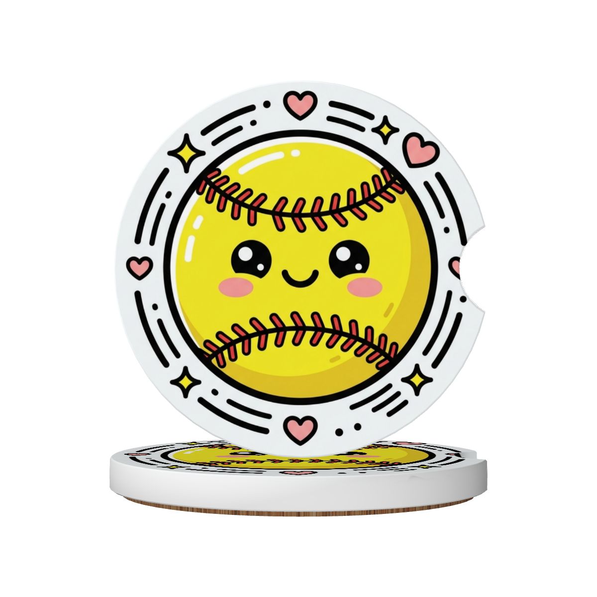 Cute cartoon-style softball with a smiling face on a white background