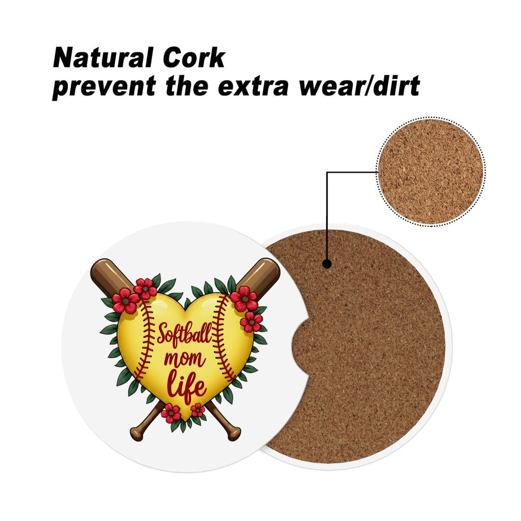 Softball Mom Car Coasters – 2 Pack Ceramic Absorbent Cup Holder Inserts with Cork Base - Magnolia Wild SC