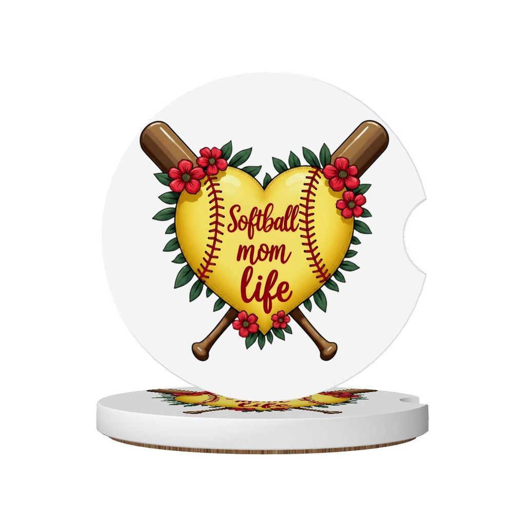 Softball Mom Car Coasters – 2 Pack Ceramic Absorbent Cup Holder Inserts with Cork Base - Magnolia Wild SC
