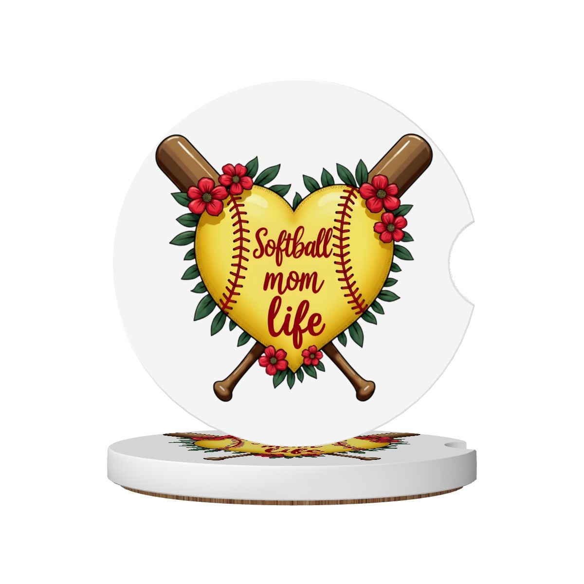 Softball Mom Car Coasters – 2 Pack Ceramic Absorbent Cup Holder Inserts with Cork Base - Magnolia Wild SC