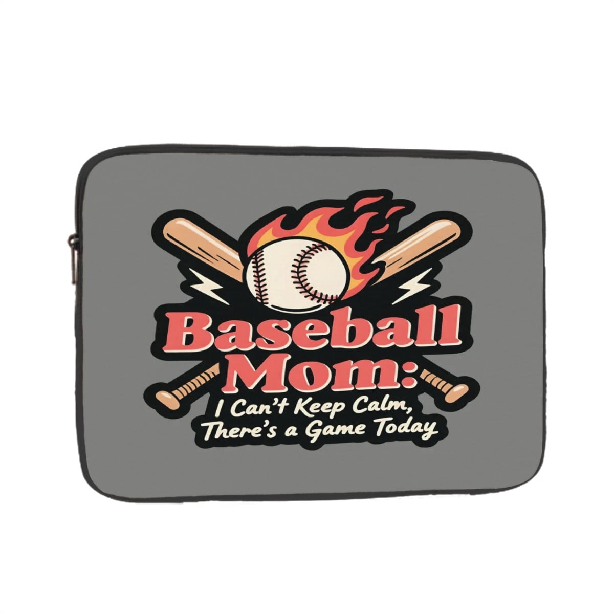 Gray laptop sleeve with 'Baseball Mom' design featuring flaming baseball and bats on a white background