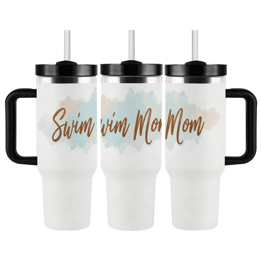 Three white tumblers with black handles and lids, featuring 'Swim Mom' text on a watercolor background.