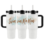 Three white tumblers with black handles and lids, featuring 'Swim Mom' text on a watercolor background.
