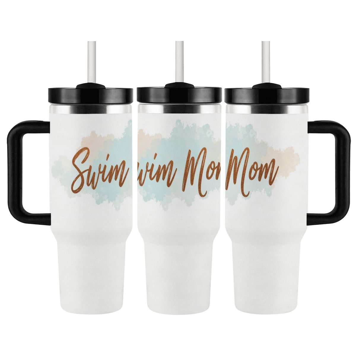 Three white tumblers with black handles and lids, featuring 'Swim Mom' text on a watercolor background.
