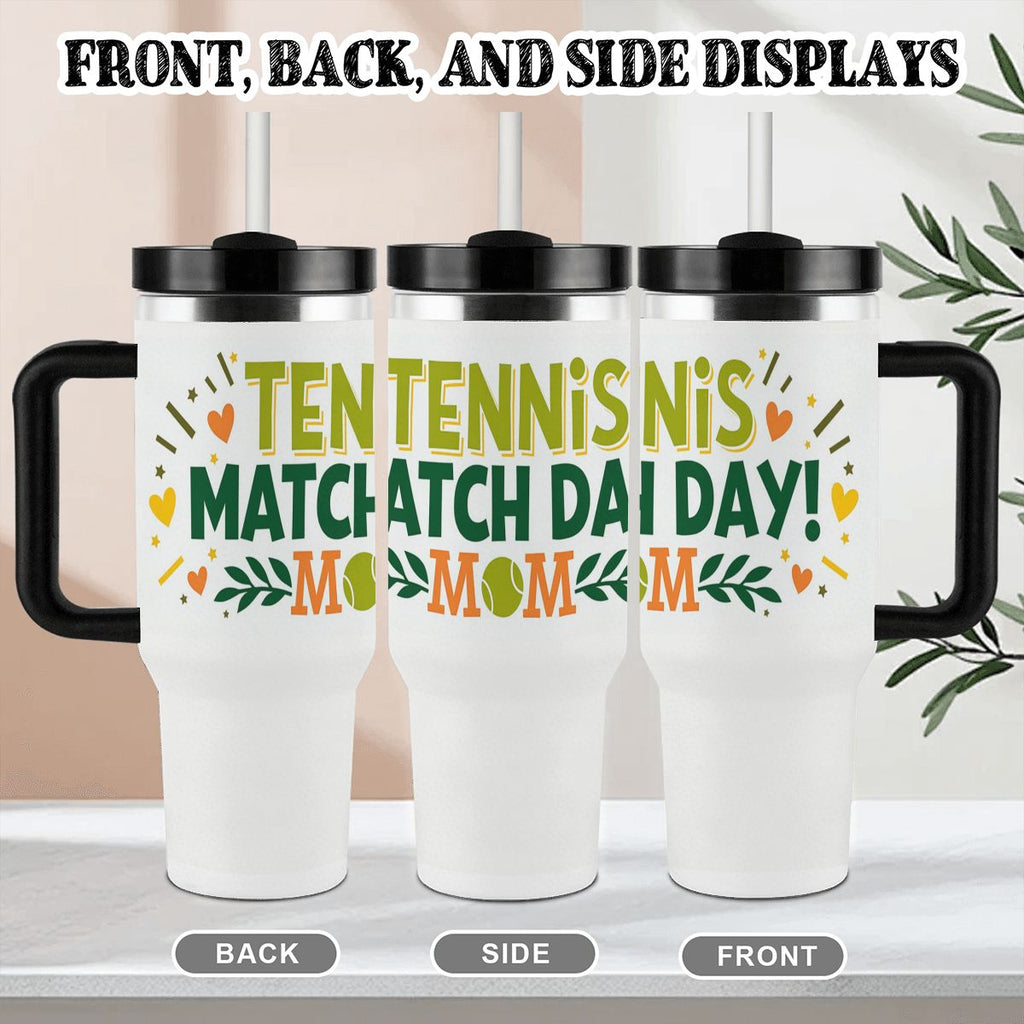 White travel mug with colorful "Tennis Match Day Mom" text and design, shown from front, back, and side views.