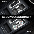 Car cup holder with a strong absorbent product before and after application.