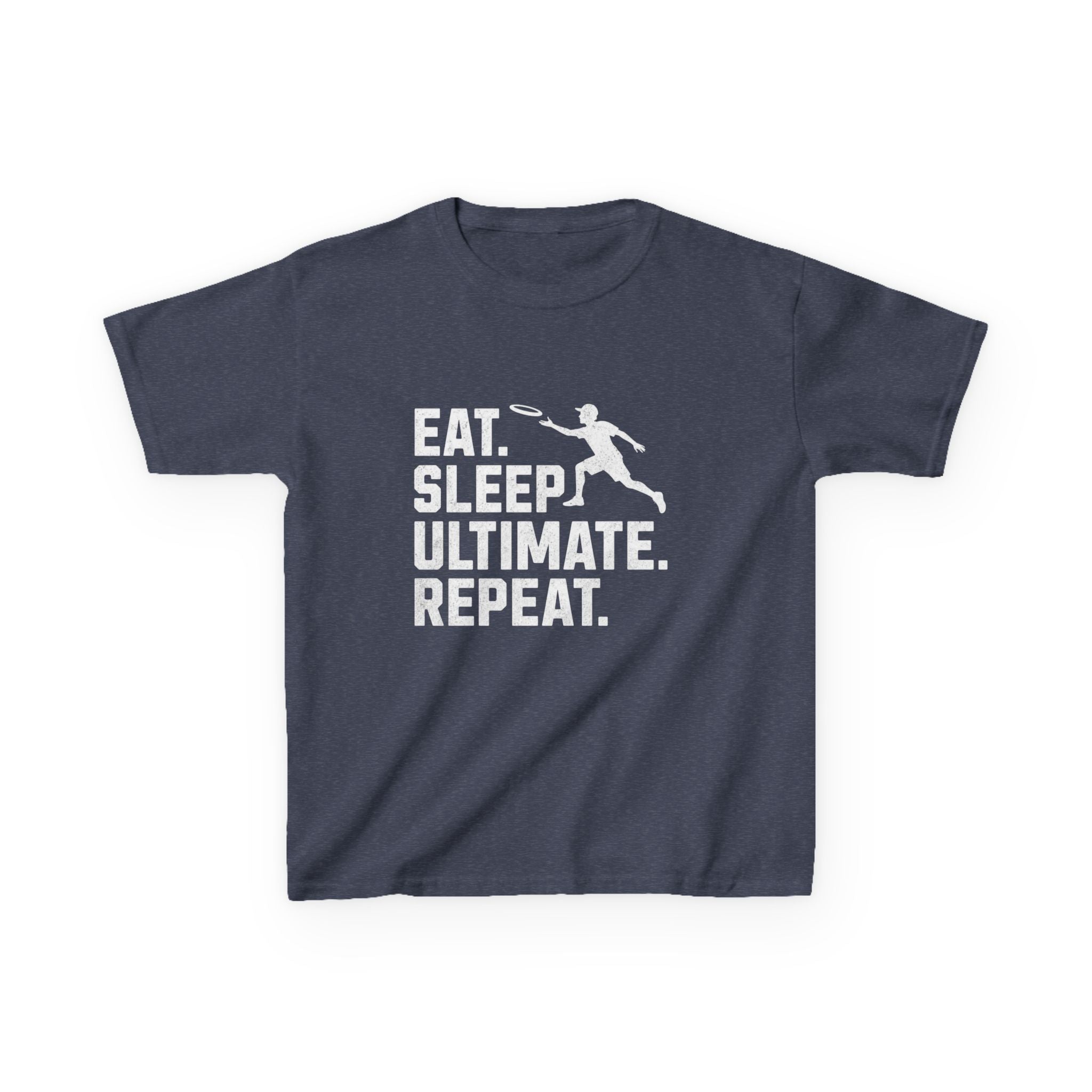 Navy blue t-shirt with white text and graphic on a white background
