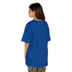 Person wearing a blue t-shirt on a white background