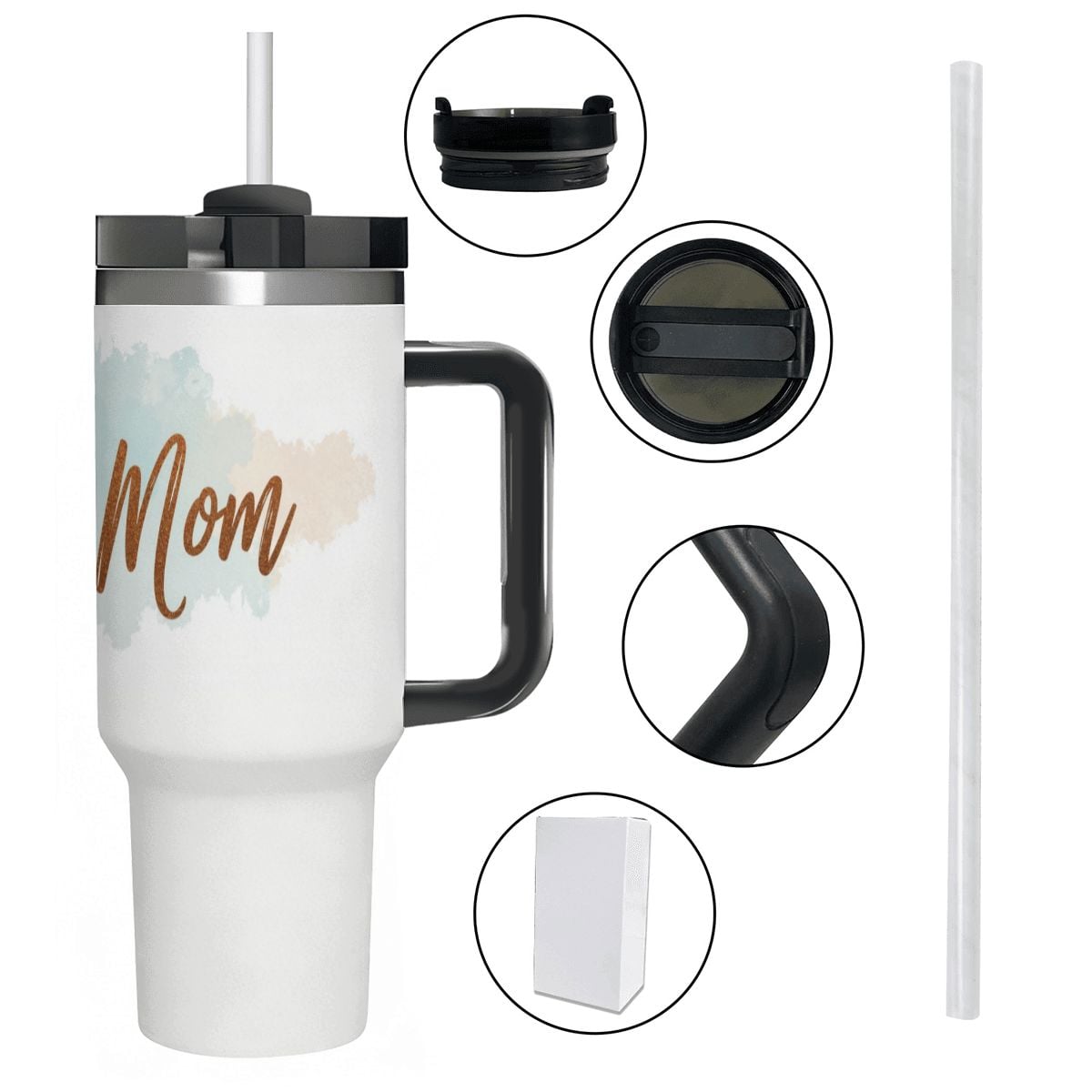 White travel mug with 'Swim Mom' text and handle, surrounded by close-up details on a white background