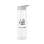 Clear water bottle with a white cap and motivational text on a white background