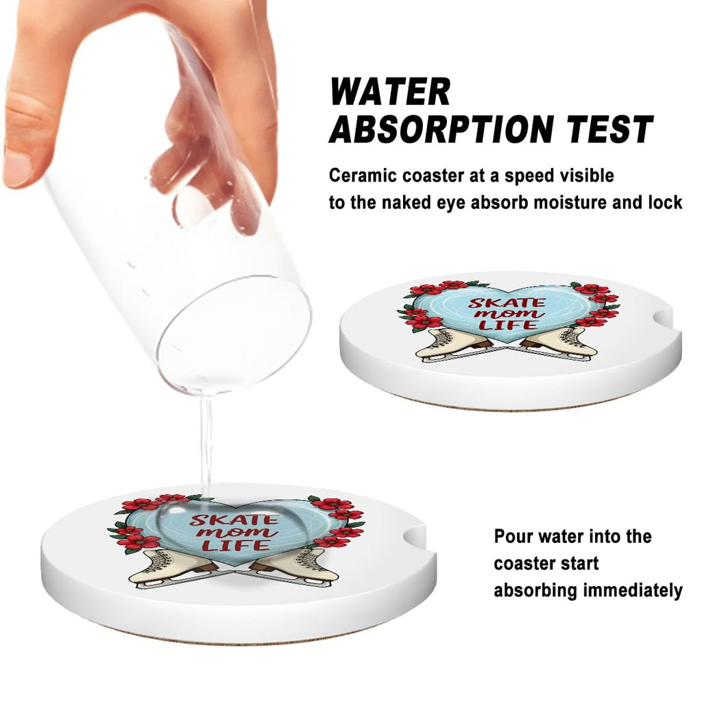 Ceramic coaster with 'Skate Mom Life' design being tested for water absorption.