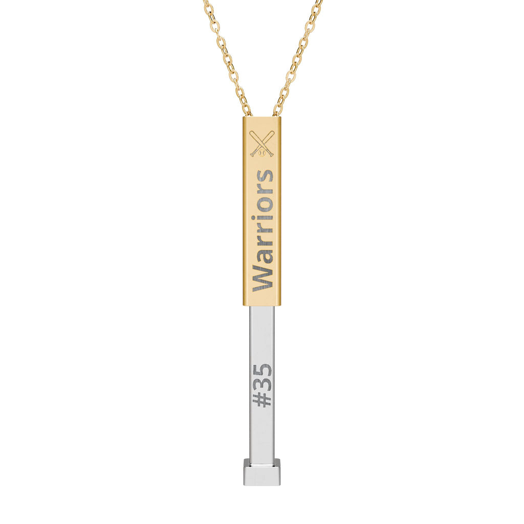 Gold and silver necklace with 'Warriors #35' on a white background