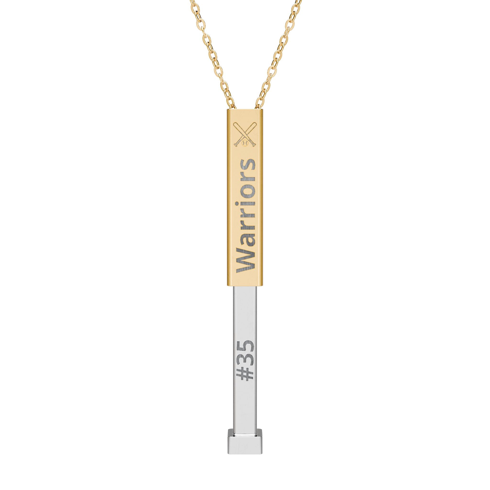 Gold and silver necklace with 'Warriors #35' on a white background