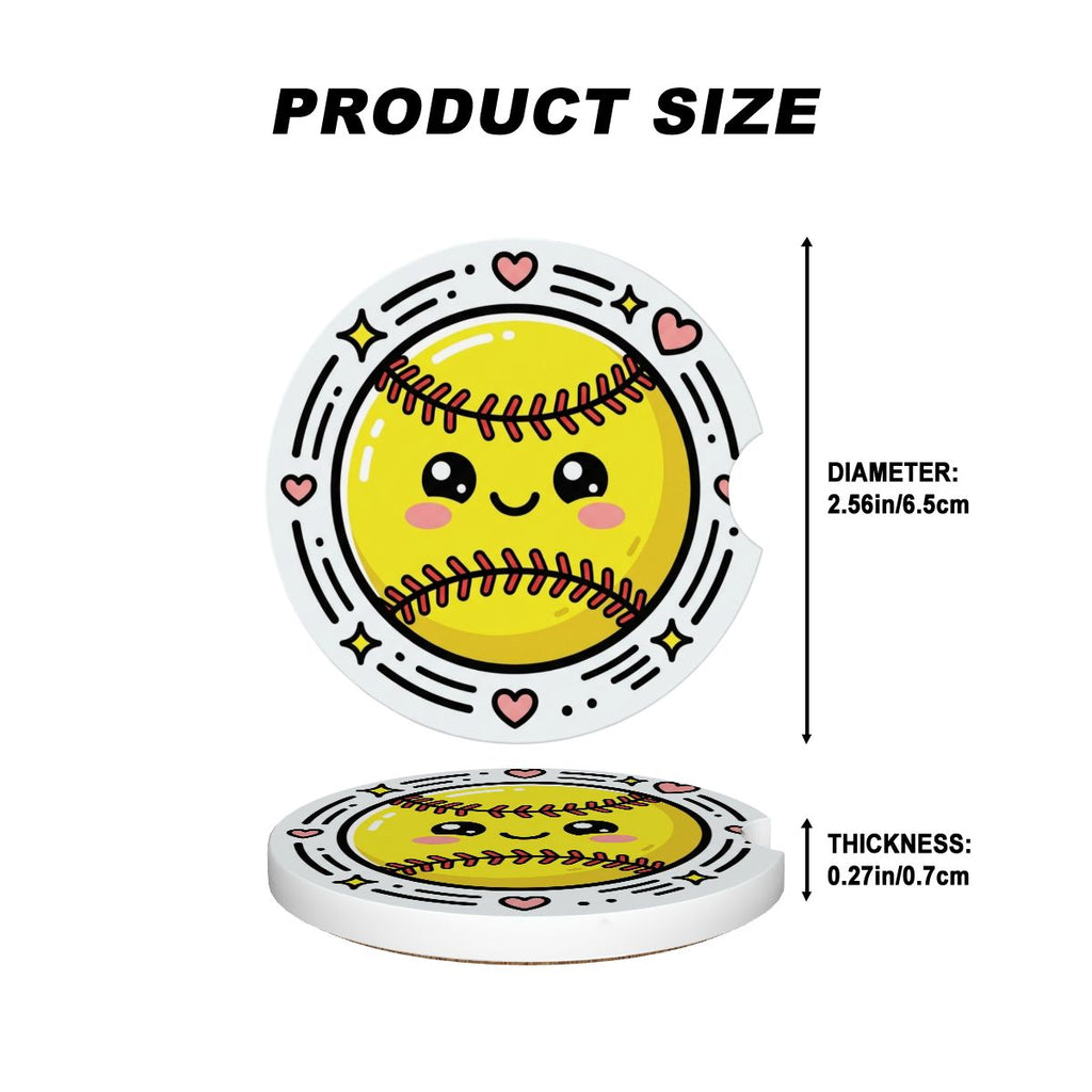 Product size chart with two circular items featuring a smiley face design on a white background.