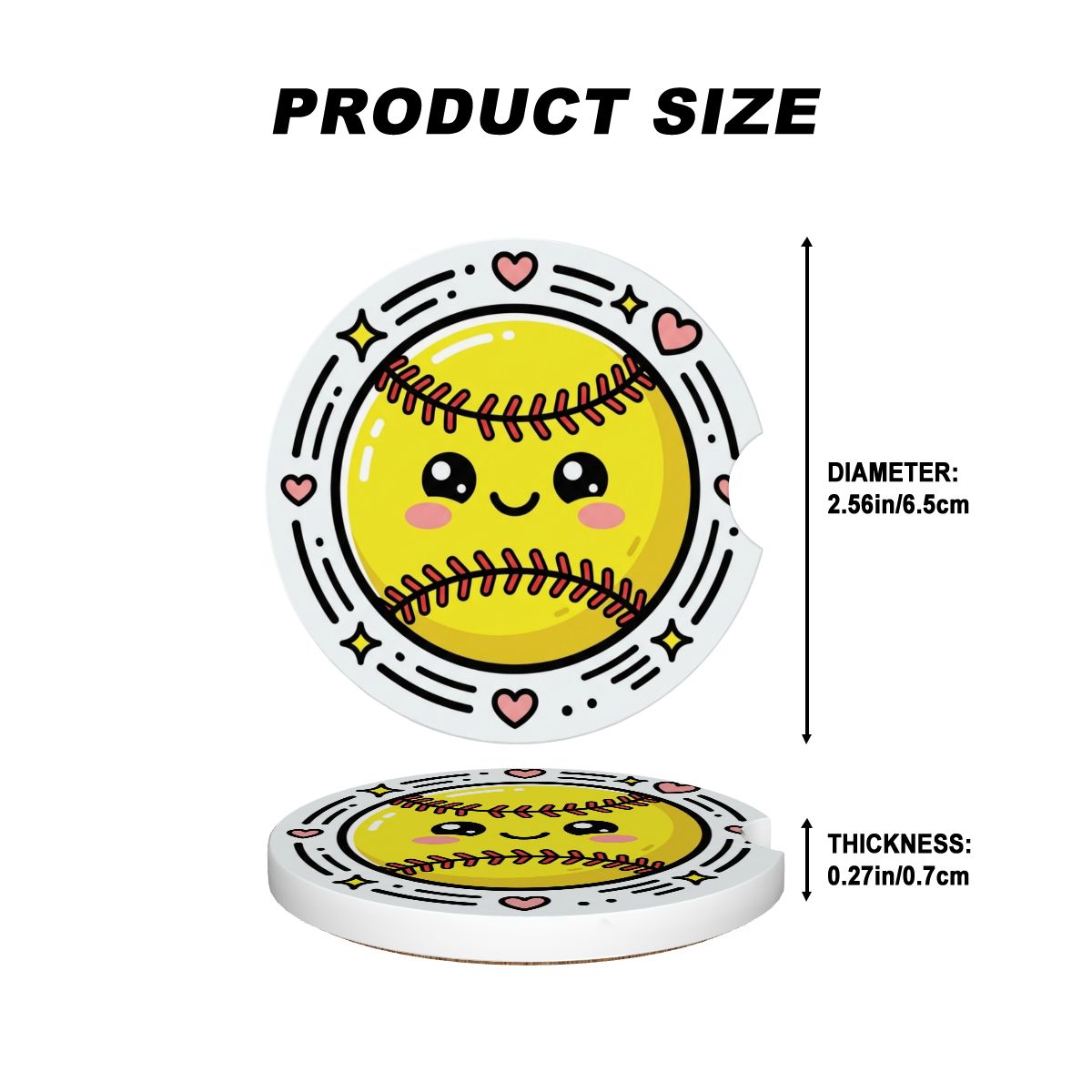 Product size chart with two circular items featuring a smiley face design on a white background.