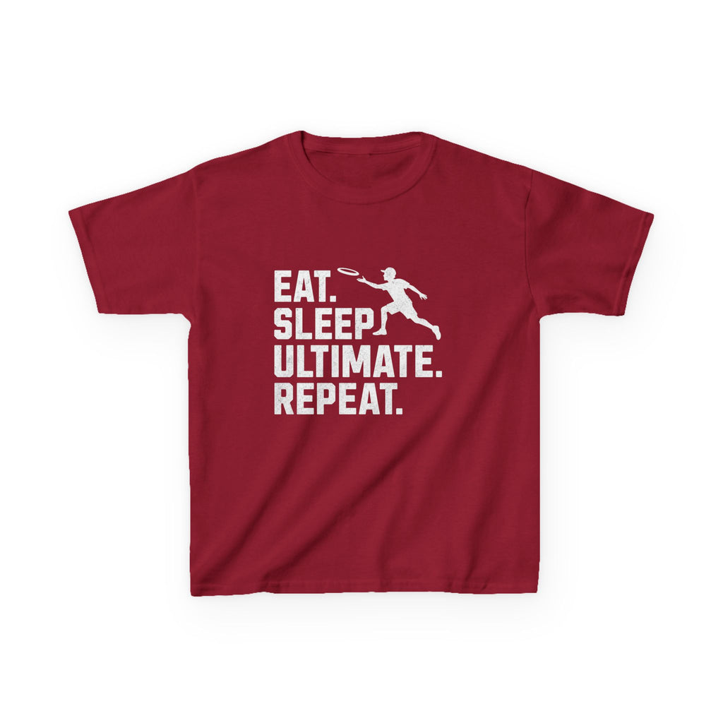 Red t-shirt with white text and graphic on a white background
