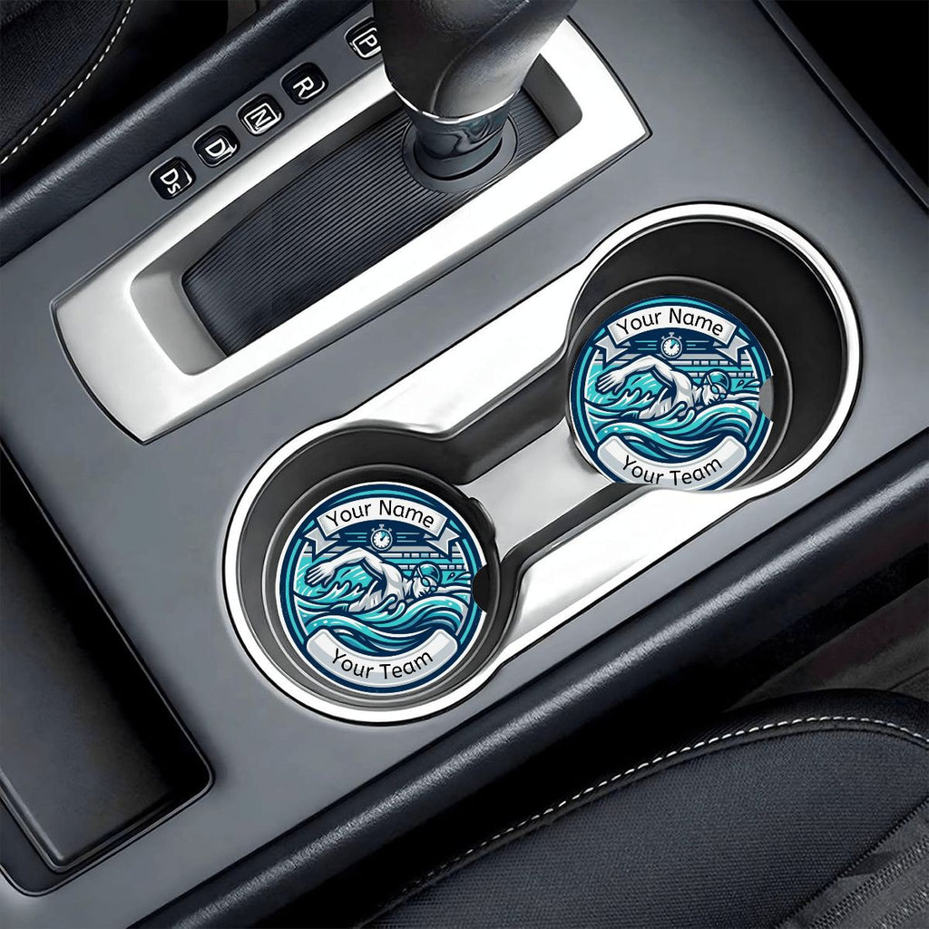 Two custom car coasters with a wave design and text placeholder on a car's gear shift tray.
