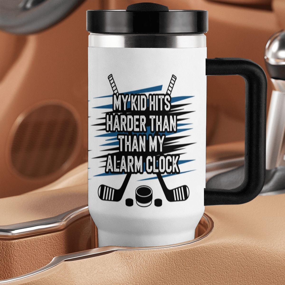 "My Kid Hits Harder Than My Alarm Clock" Hockey Mom 40oz Tumbler with Handle and Straw - Magnolia Wild SC