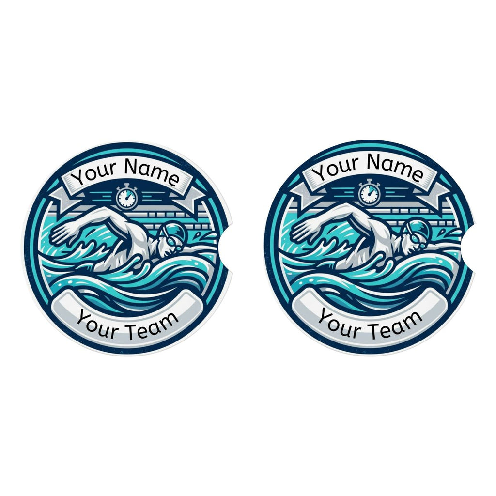 Two circular car coasters with swimmer graphics and customizable text on a white background